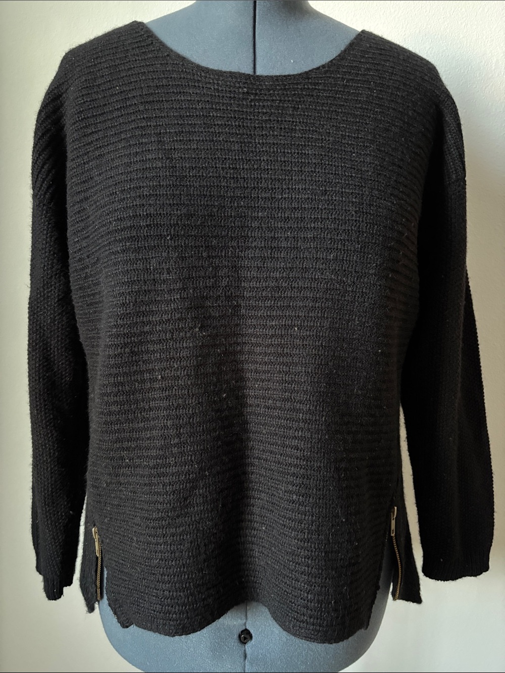 Bar III Black Ribbed Crewneck Sweater with Side Zips